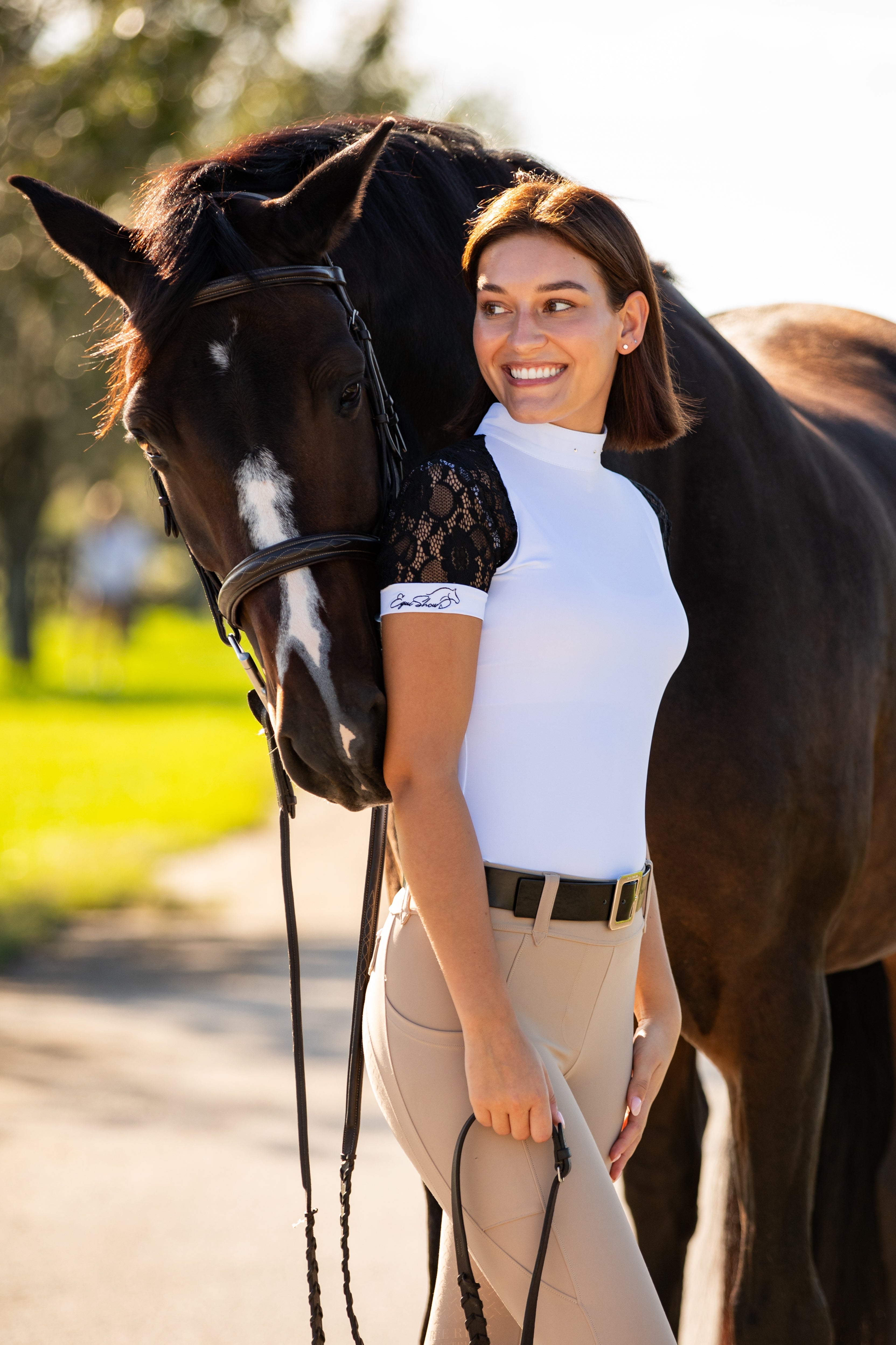 Equishow Short Sleeve Lace Shirt - White/Black - EquiShow - Equiluxe Tack