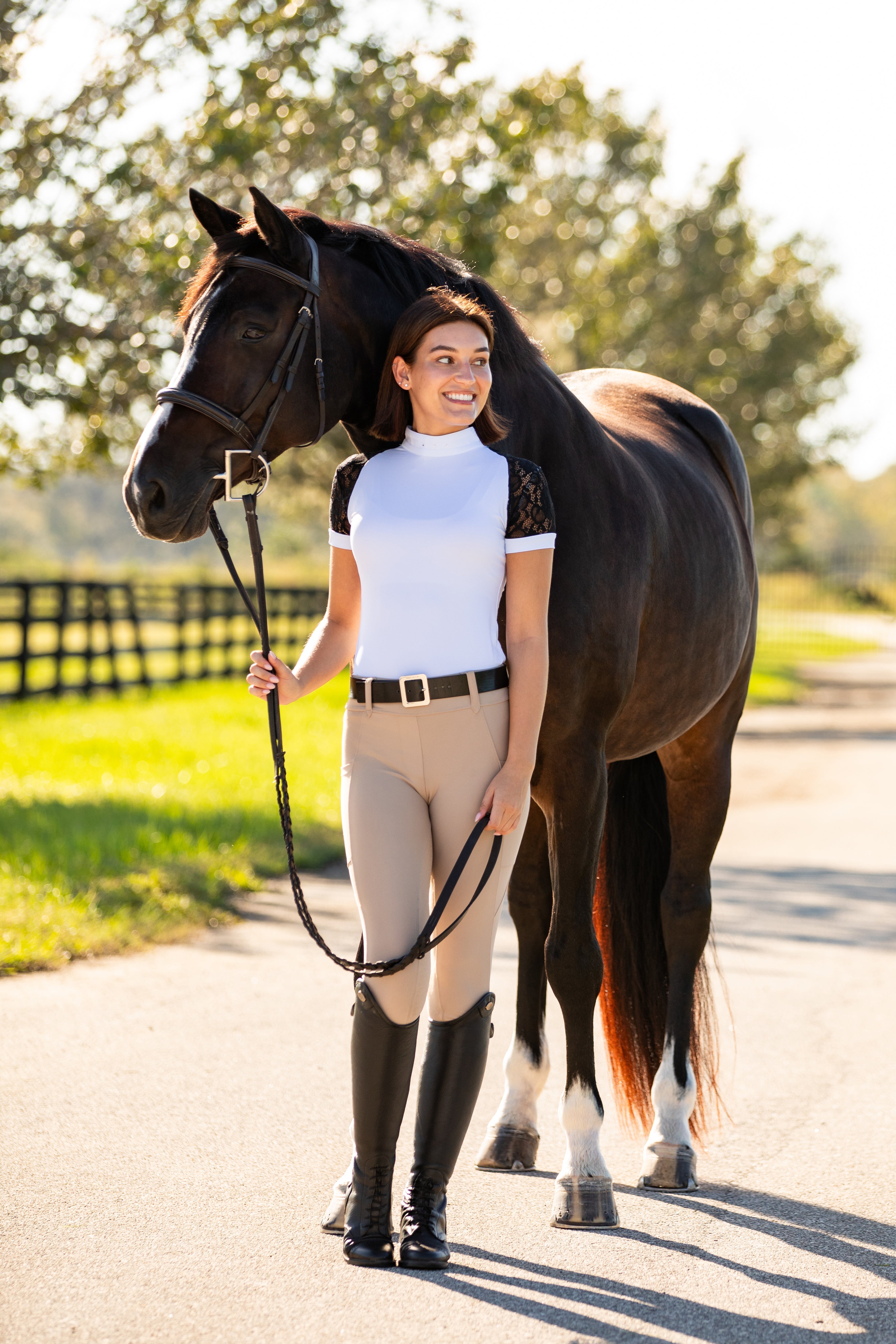 Equishow Short Sleeve Lace Shirt - White/Black - EquiShow - Equiluxe Tack