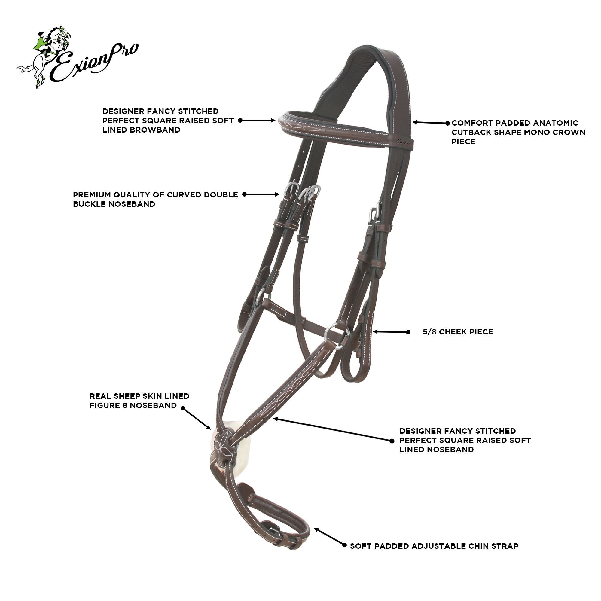 Equiluxe Fancy Stitched Figure 8 English Bridle w/ Rubber Rein - Equiluxe Tack - Equiluxe Tack