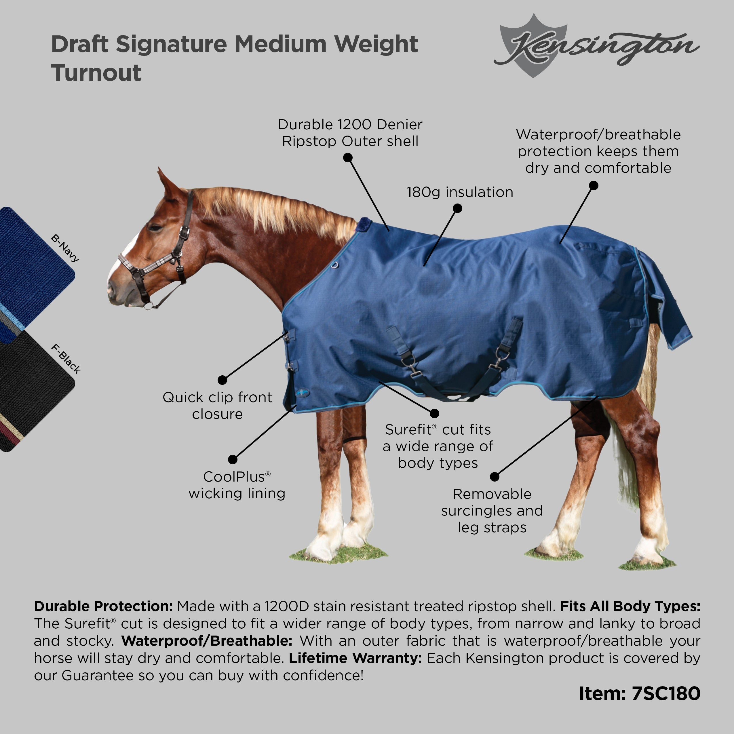 1200Denier Draft "180G" Medium Weight Waterproof & Breathable Winter Turnout - Kensington Protective Products - Equiluxe Tack