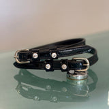 Halter Ego Black Patent Leather Spur Straps with Clear Crystals & Silver Horseshoe Buckles