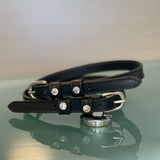 Halter Ego Black Leather Spur Straps with Clear Crystals & Silver Horseshoe Buckles
