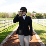 Grand Prix Ladies EQJ Classic 3 Button Show Jacket, Black with Burgundy Collar