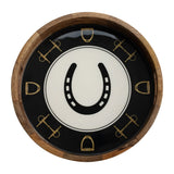 Huntley Equestrian Horsehoe and Bit Round Wooden Tray-Black and Gold Equestrian Home Decor
