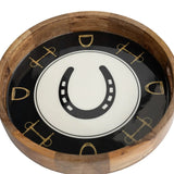 Huntley Equestrian Horsehoe and Bit Round Wooden Tray-Black and Gold Equestrian Home Decor