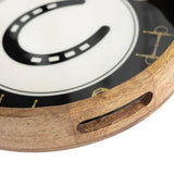Huntley Equestrian Horsehoe and Bit Round Wooden Tray-Black and Gold Equestrian Home Decor