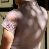 Halter Ego Tara Short Sleeve Lace Competition Shirt - Taupe
