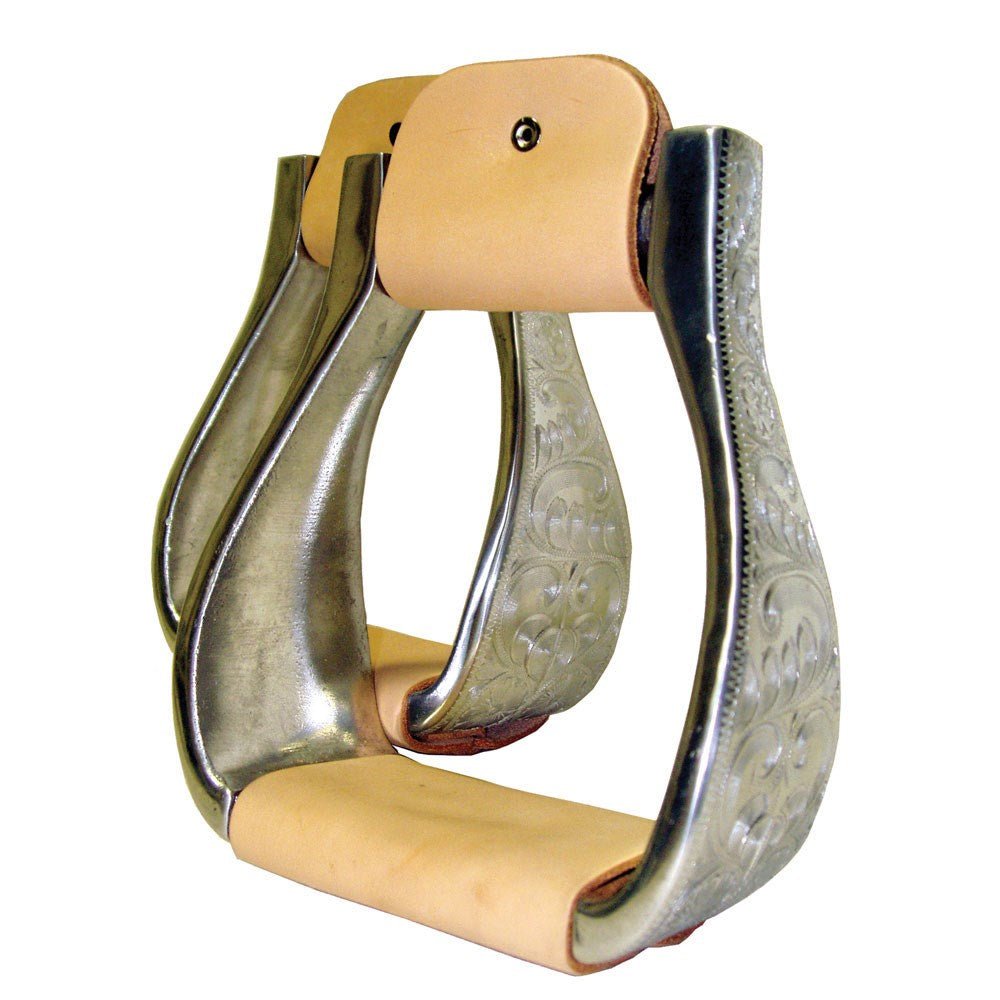 Aluminum Roping Engraved Stirrup with Wide Leather Band - Equiluxe Tack - Equiluxe Tack