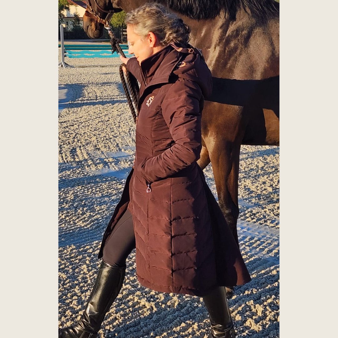 Chocolate Brown Duck Down Riding Coat with Velvet Collar - Dressage Queen Dream - Equiluxe Tack