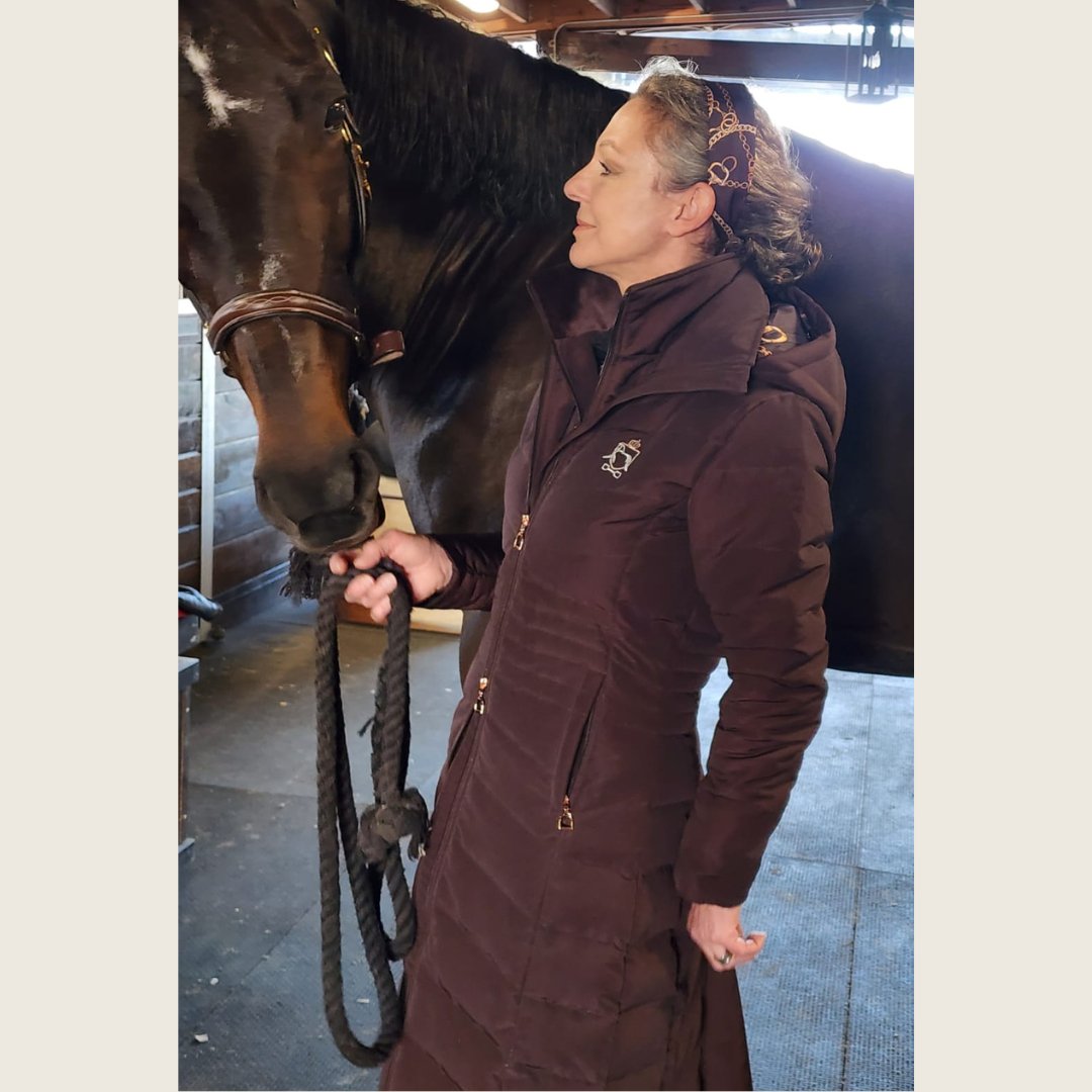 Chocolate Brown Duck Down Riding Coat with Velvet Collar - Dressage Queen Dream - Equiluxe Tack