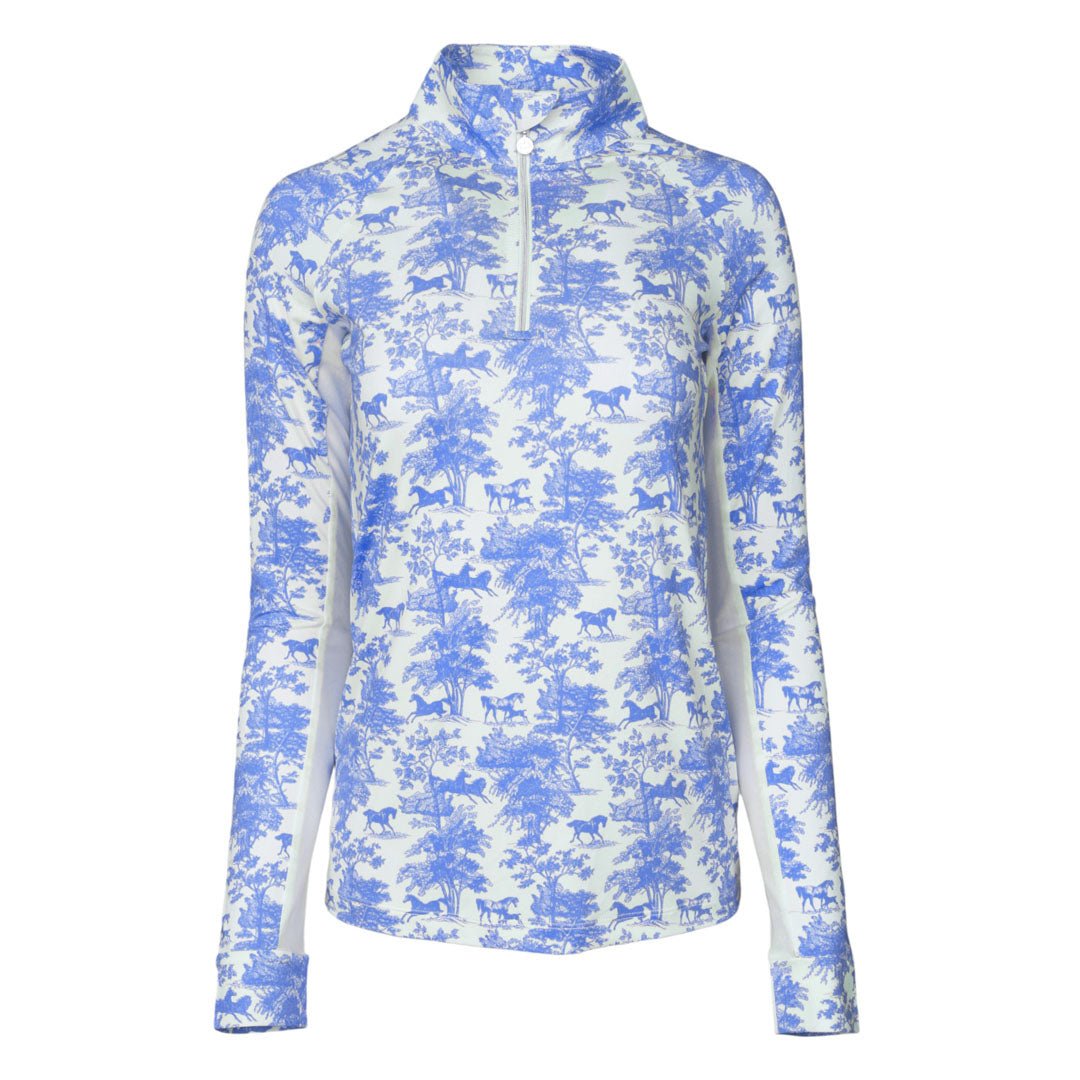 Dapplebay Equestrian Toile 1/4 Zip Light Riding Top - Long Sleeve - Blue/White - Dapplebay - Equiluxe Tack
