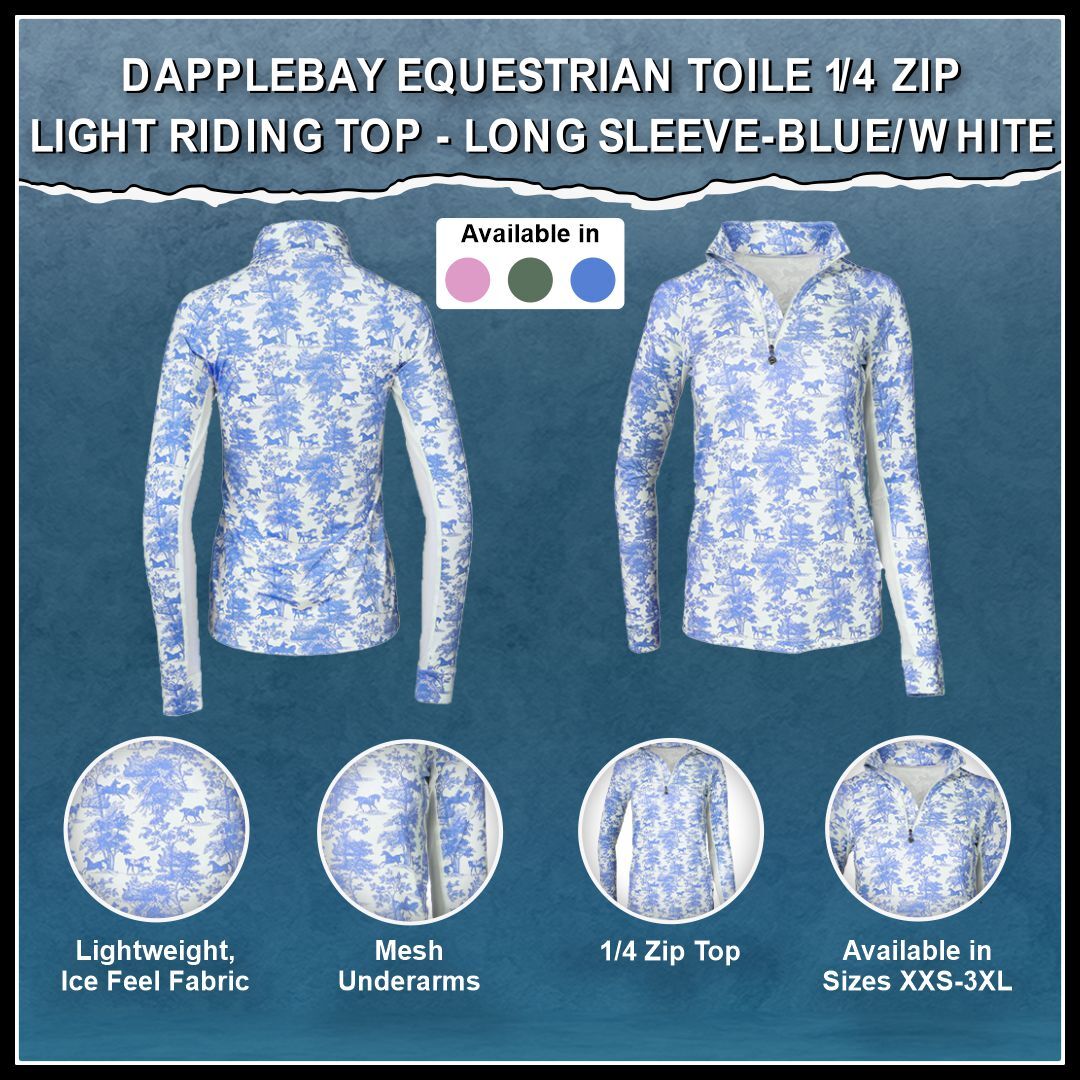 Dapplebay Equestrian Toile 1/4 Zip Light Riding Top - Long Sleeve - Blue/White - Dapplebay - Equiluxe Tack