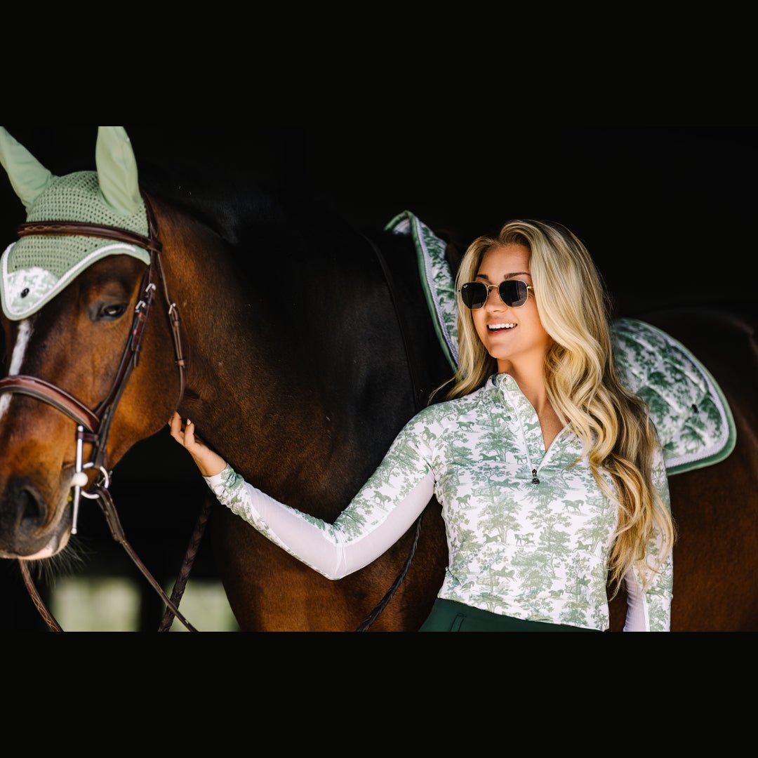 Dapplebay Equestrian Toile 1/4 Zip Light Riding Top - Long Sleeve - Green/White - Dapplebay - Equiluxe Tack