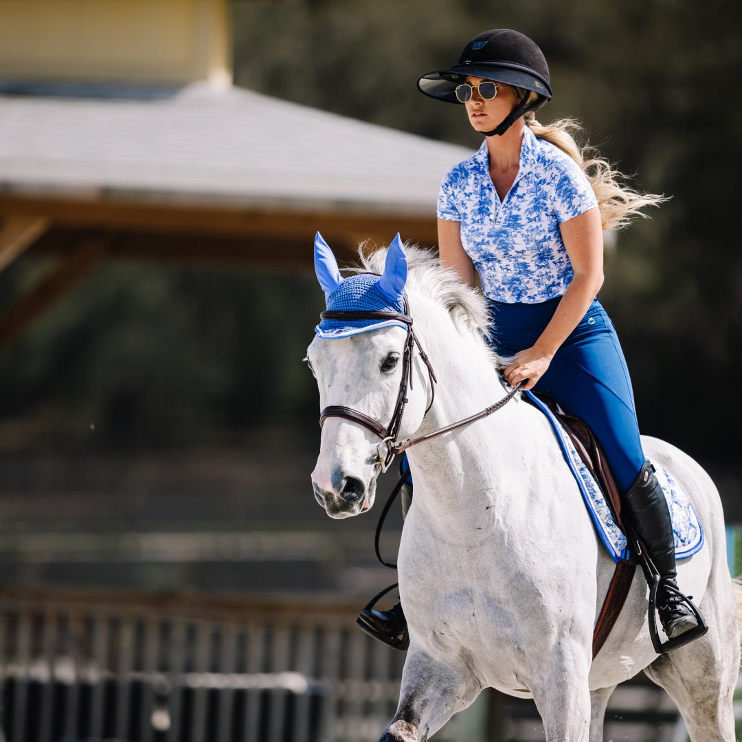 Dapplebay Equestrian Toile 1/4 Zip Light Riding Top - Short Sleeve - Blue/White - Dapplebay - Equiluxe Tack