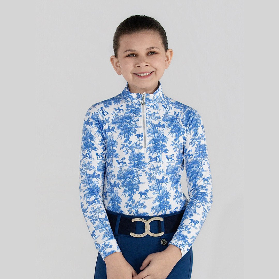 Dapplebay Kids Blue Equestrian Toile 1/4 Zip - Long Sleeve - Breeches.com - Equiluxe Tack