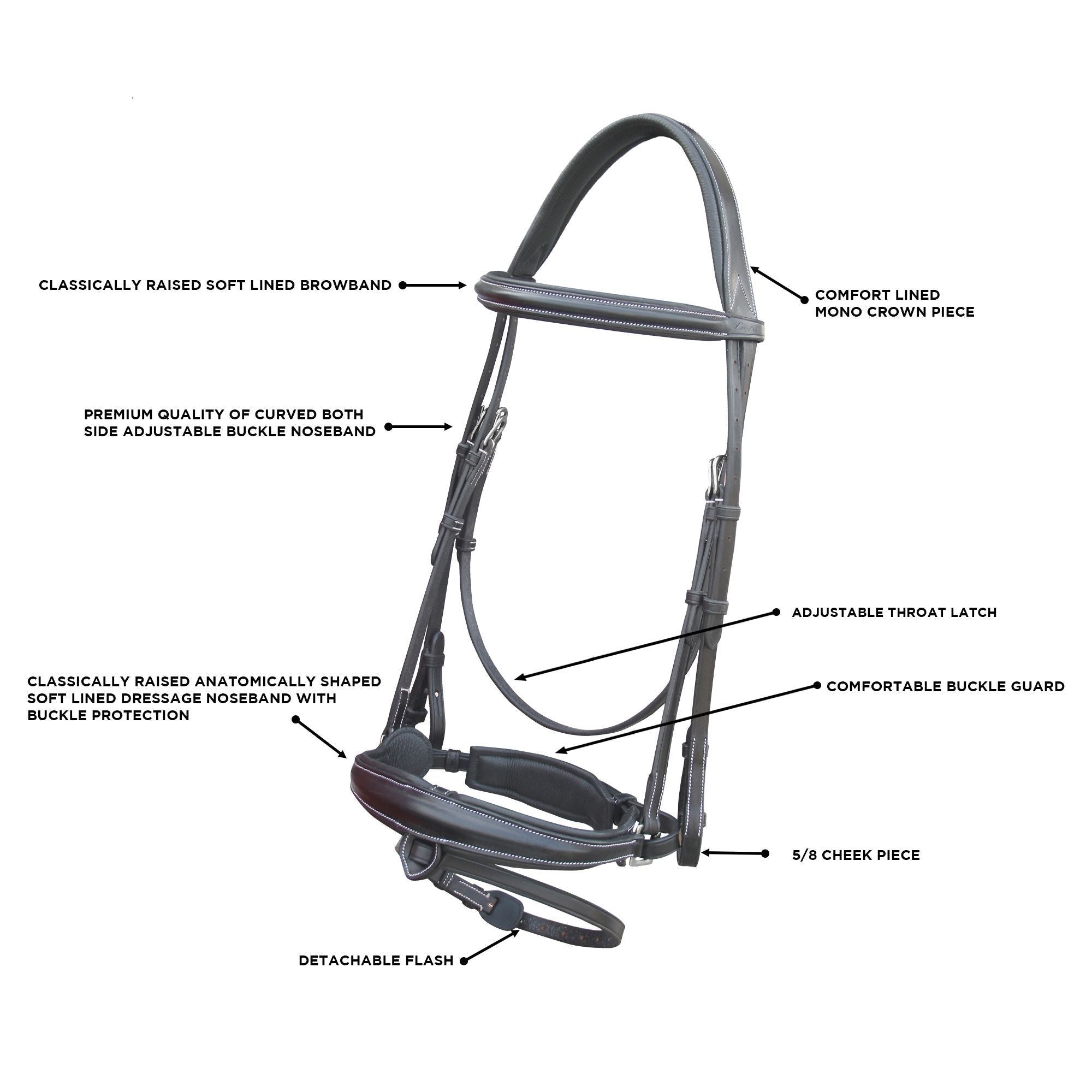 Equiluxe Dressage Bridle Monocrown Anatomical Noseband, Detachable Flash - Equiluxe Tack - Equiluxe Tack