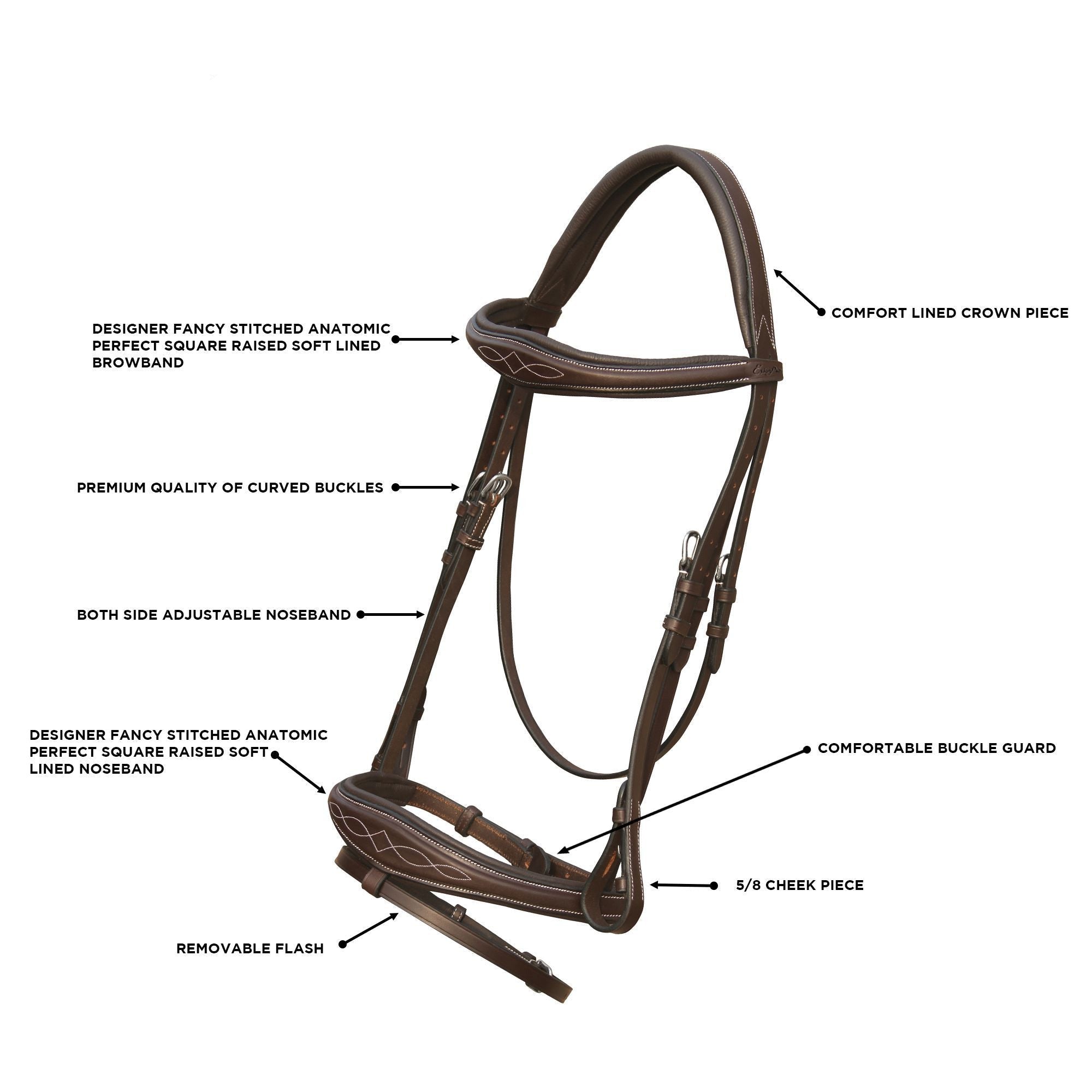 Equiluxe Fancy Stitched Raised Anatomical Bridle w/ Flash - Equiluxe Tack - Equiluxe Tack