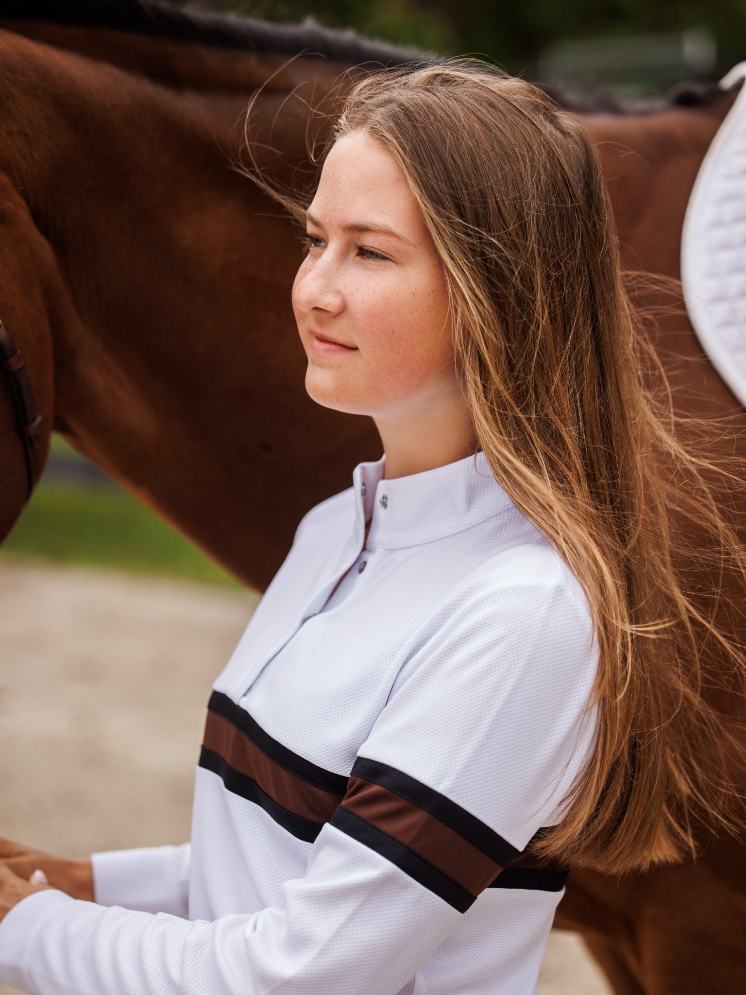 Essex Classics Cambridge Ladies Long Sleeve Show Shirt - White with Black & Chocolate - Equiluxe Tack