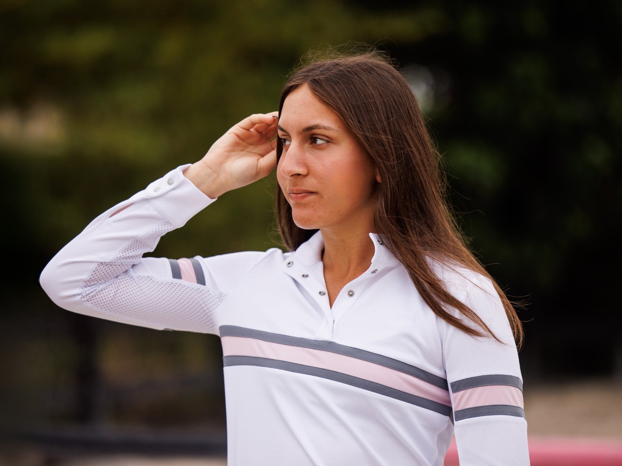 Essex Classics Cambridge Ladies Long Sleeve Show Shirt - White with Grey & Pink - Equiluxe Tack