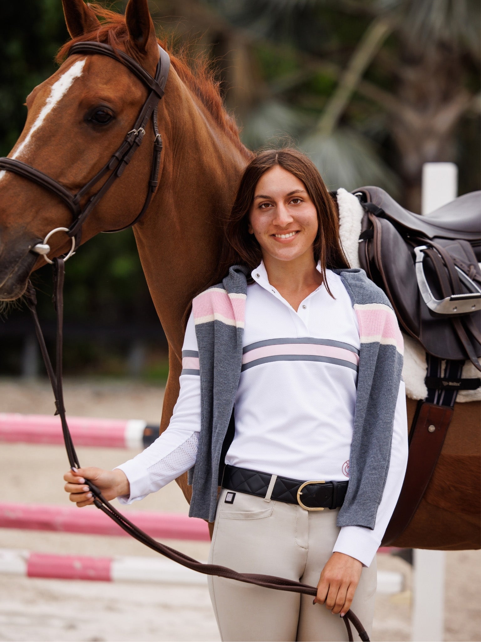 Essex Classics Cambridge Ladies Long Sleeve Show Shirt - White with Grey & Pink - Equiluxe Tack
