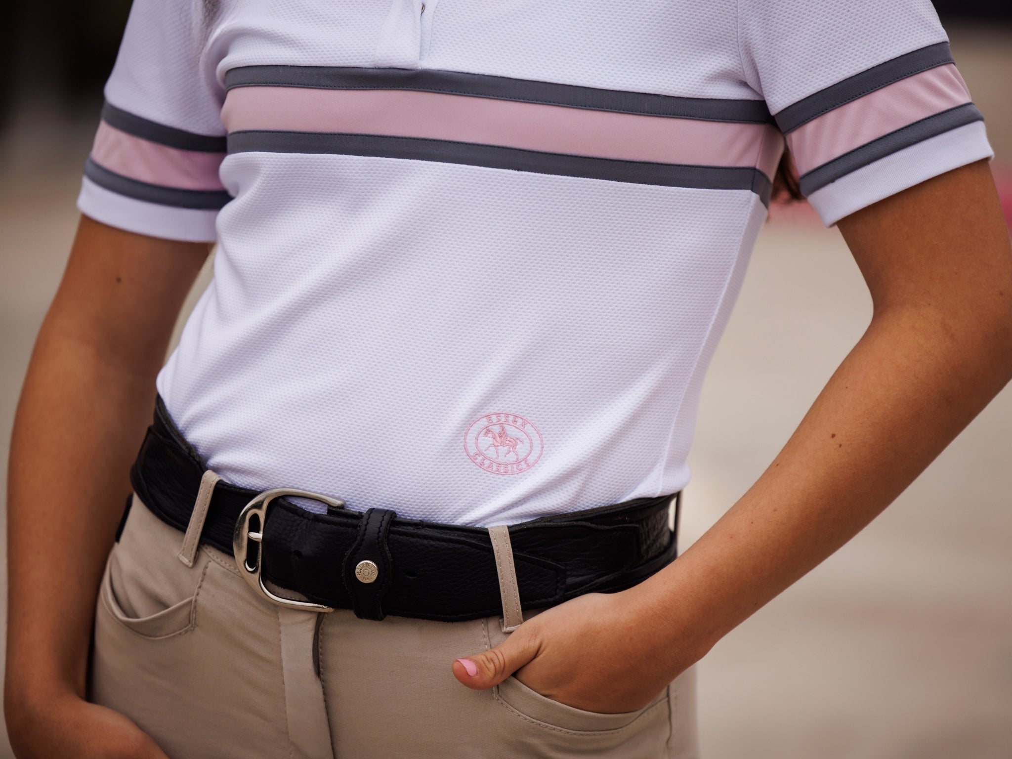 Essex Classics Cambridge Ladies Short Sleeve Show Shirt - White with Grey & Pink - Equiluxe Tack