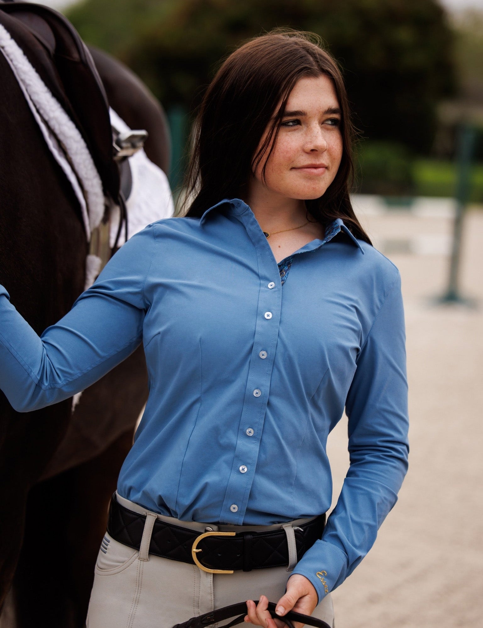 Essex Classics Dora II Schooling Shirt - Blue with Golden Snaffle Trim - Essex Classics - Equiluxe Tack