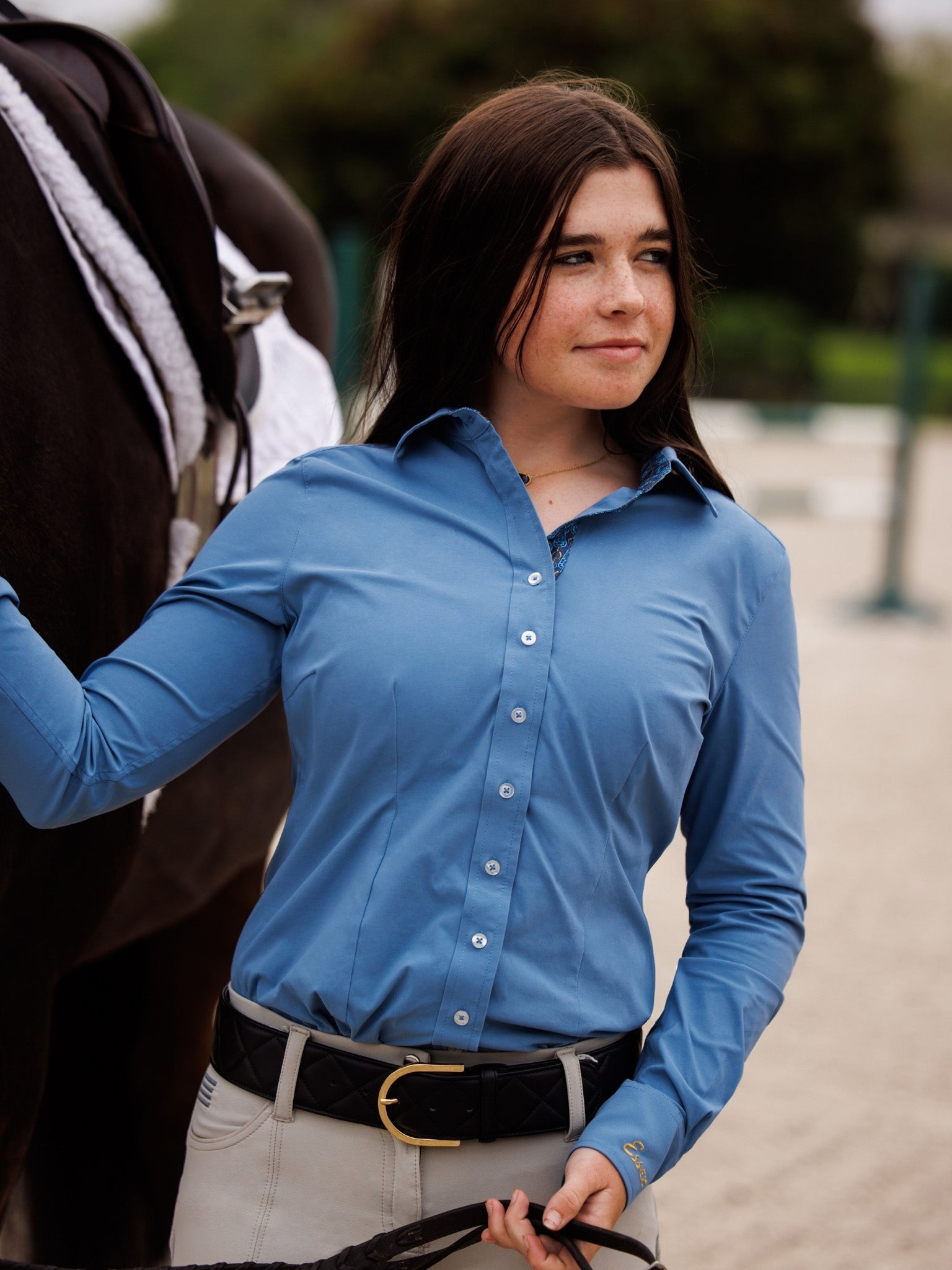 Essex Classics Dora II Schooling Shirt - Blue with Golden Snaffle Trim - Essex Classics - Equiluxe Tack