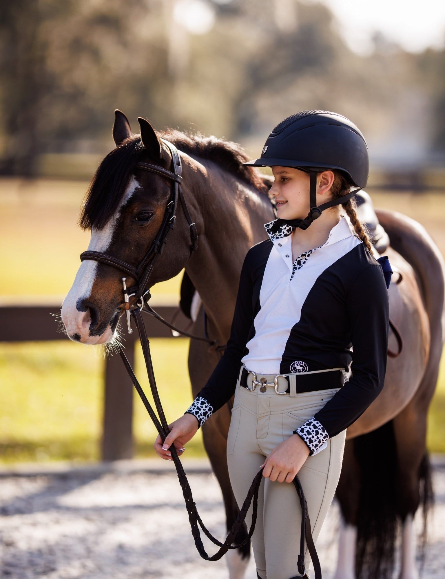 Essex Classics Girls "Luna II" Black with Cows Long Sleeve Performance Show Shirt - Essex Classics - Equiluxe Tack