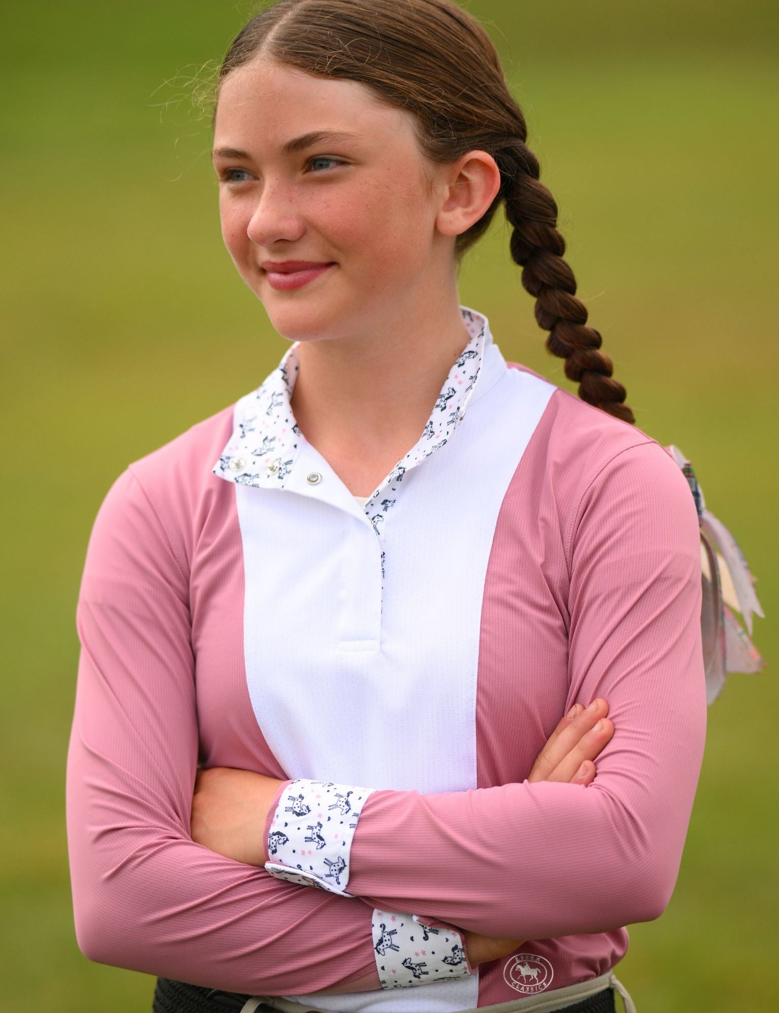 Essex Classics Girls "Luna II" Dark Pink with Unicorns Long Sleeve Performance Show Shirt - Essex Classics - Equiluxe Tack