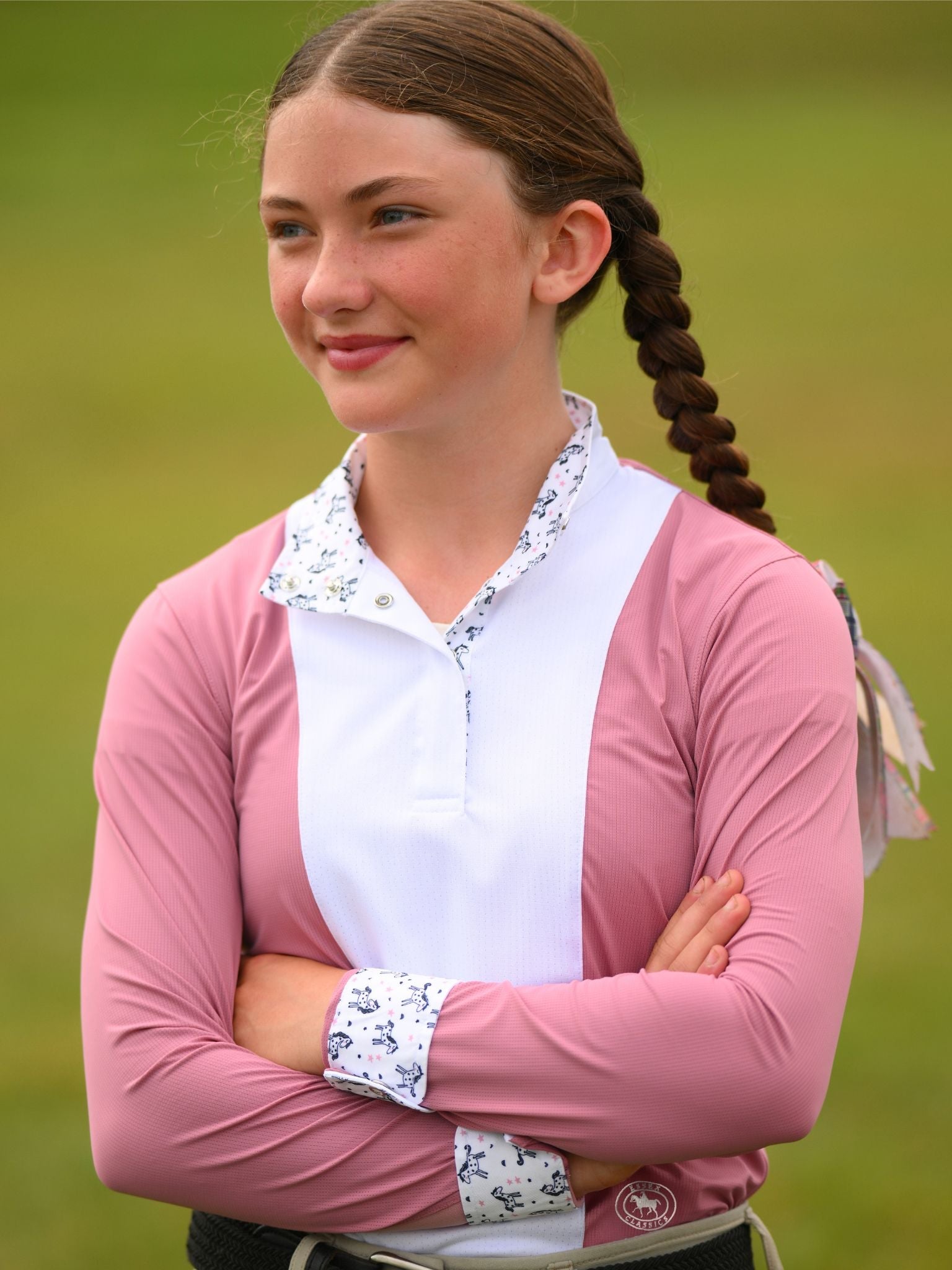 Essex Classics Girls "Luna II" Dark Pink with Unicorns Long Sleeve Performance Show Shirt - Essex Classics - Equiluxe Tack