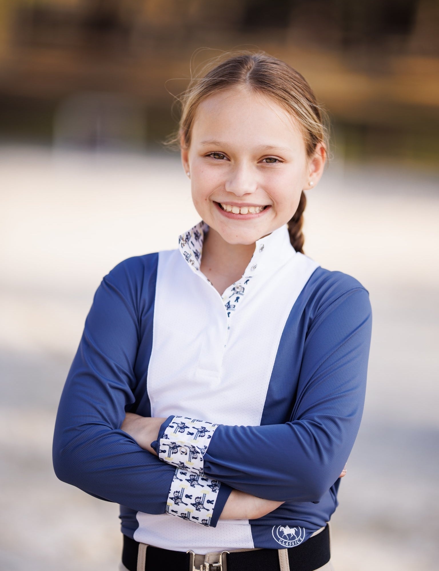 Essex Classics Girls "Luna II" Marine Blue with Blue Ribbon Winner Long Sleeve Performance Show Shirt - Essex Classics - Equiluxe Tack