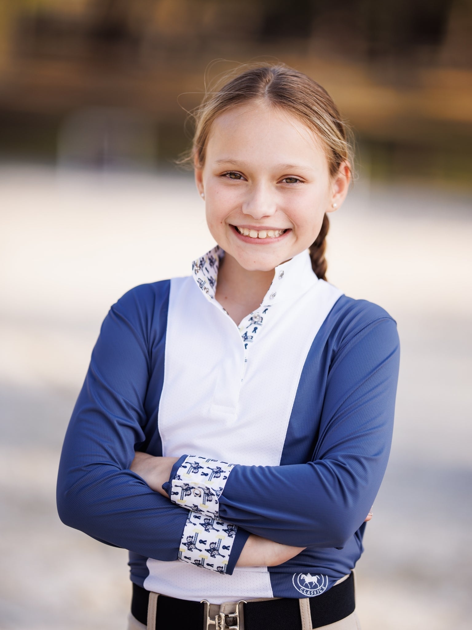 Essex Classics Girls "Luna II" Marine Blue with Blue Ribbon Winner Long Sleeve Performance Show Shirt - Essex Classics - Equiluxe Tack