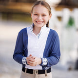 Essex Classics Girls "Luna II" Marine Blue with Blue Ribbon Winner Long Sleeve Performance Show Shirt - Essex Classics - Equiluxe Tack