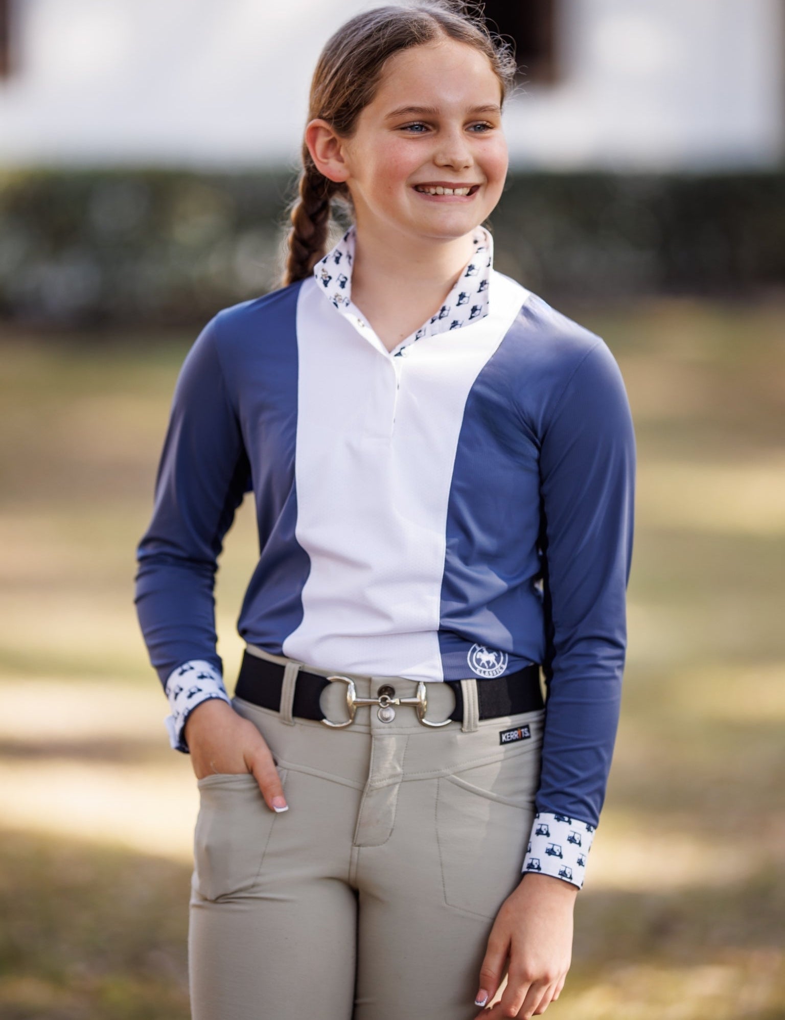 Essex Classics Girls "Luna II" Marine Blue with Golf Carts Long Sleeve Performance Show Shirt - Essex Classics - Equiluxe Tack