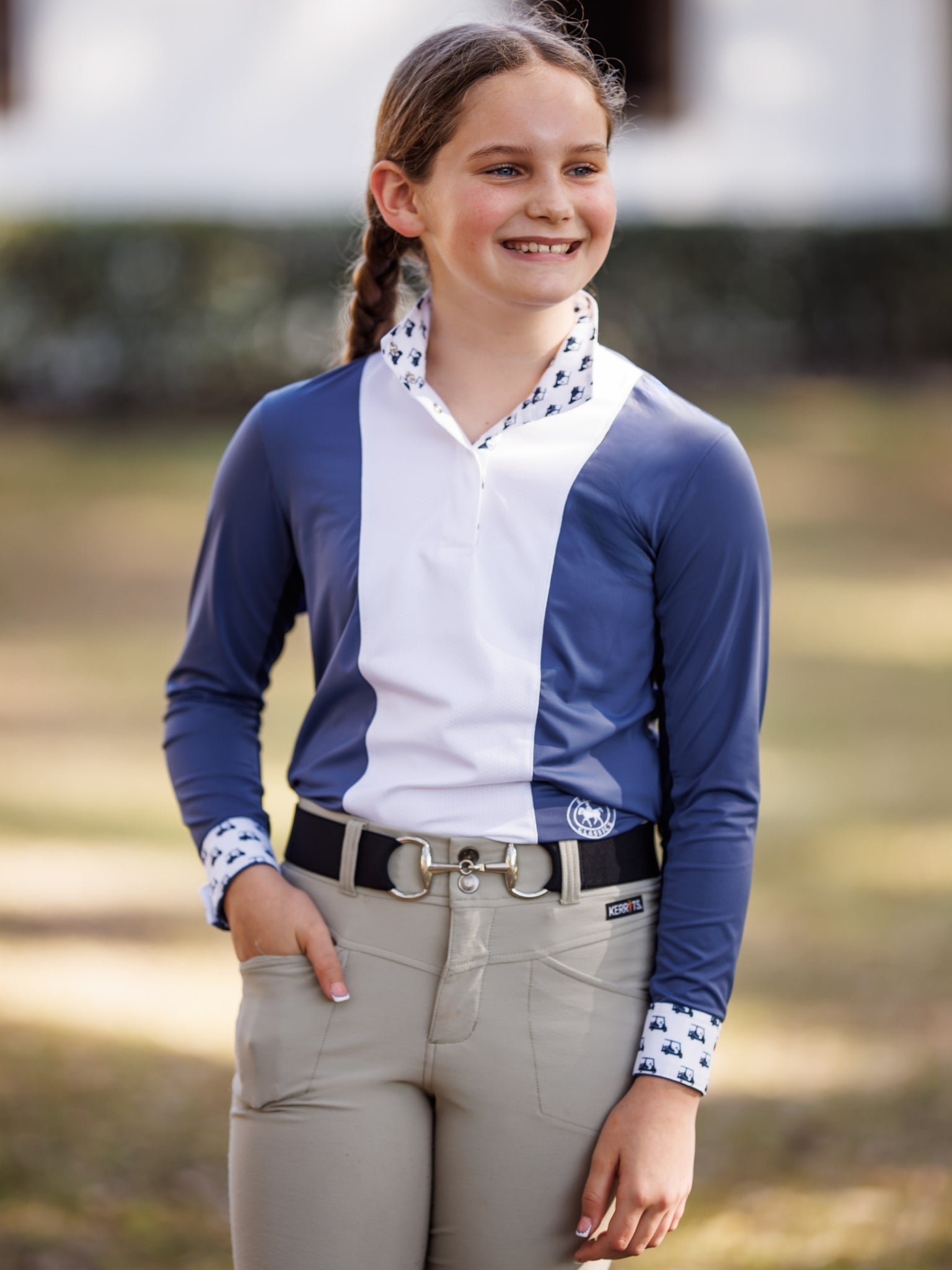 Essex Classics Girls "Luna II" Marine Blue with Golf Carts Long Sleeve Performance Show Shirt - Essex Classics - Equiluxe Tack