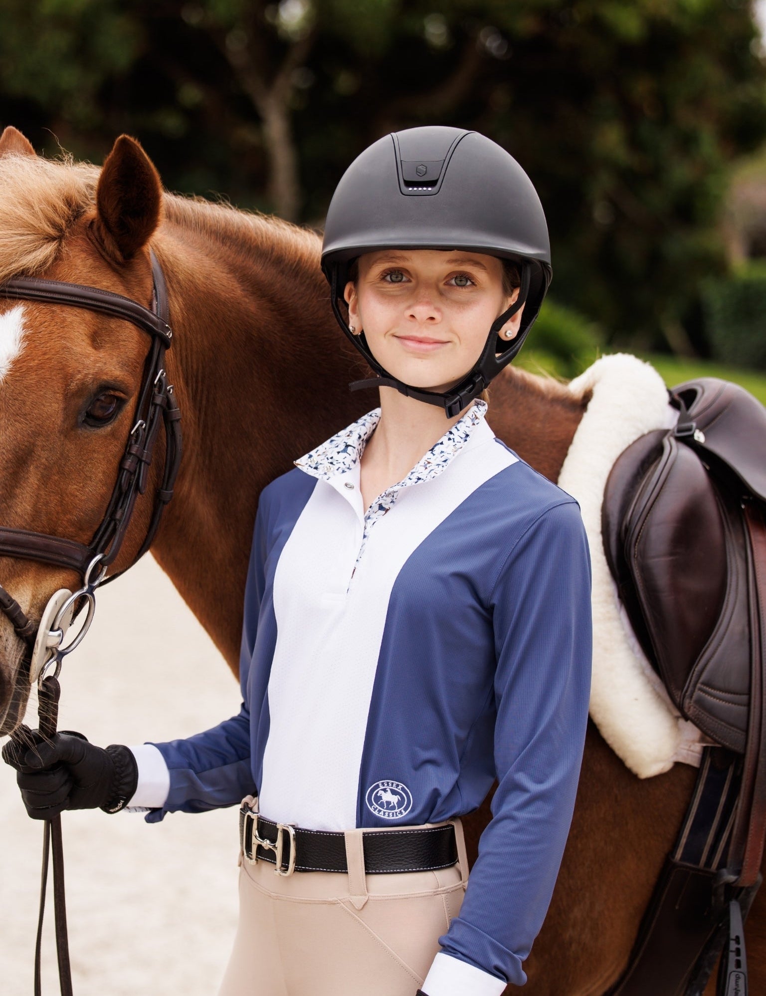 Essex Classics Girls "Luna II" Marine Blue with Woof & Whimsy Long Sleeve Performance Show Shirt - Equiluxe Tack