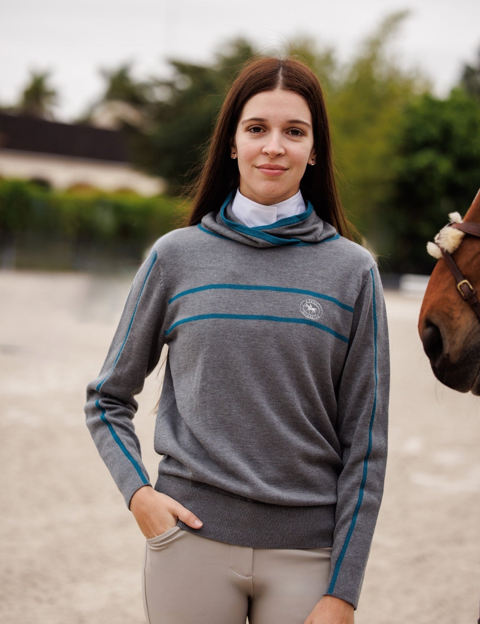 Essex Classics Hampton Sweater - Grey & Teal - Equiluxe Tack