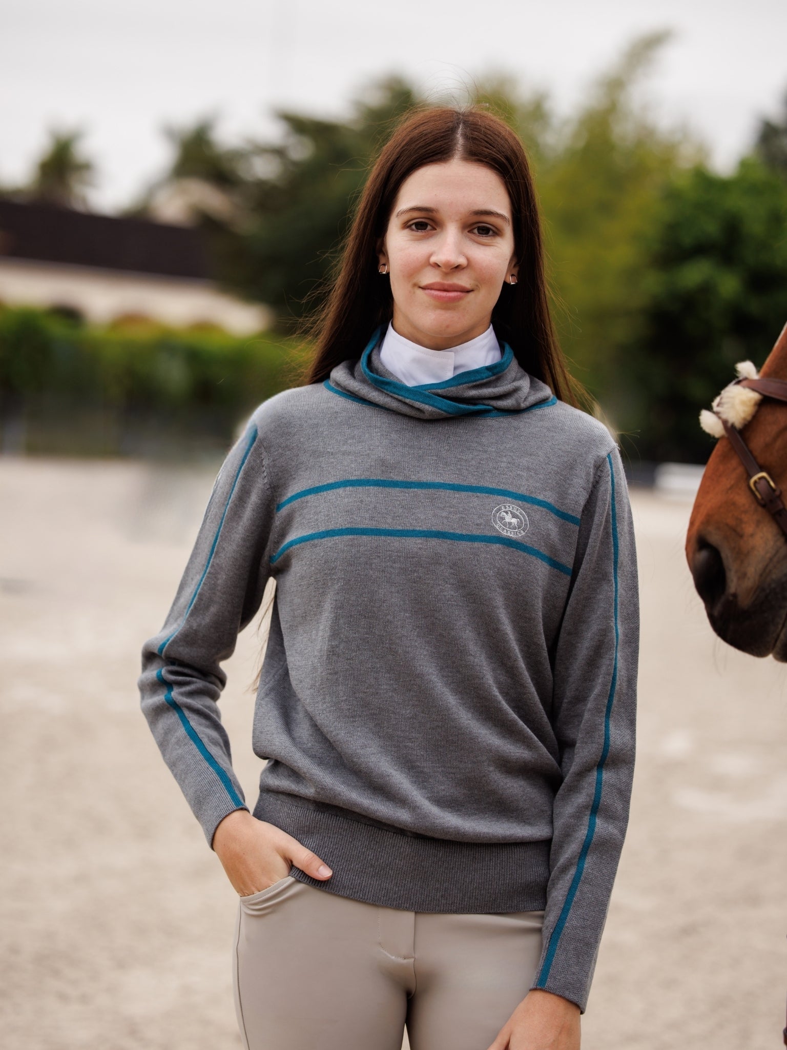 Essex Classics Hampton Sweater - Grey & Teal - Equiluxe Tack