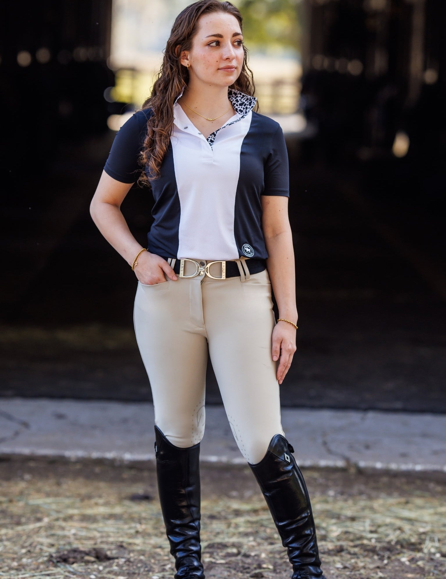 Essex Classics Ladies "Luna II" Black with Cows Short Sleeve Performance Show Shirt - Equiluxe Tack