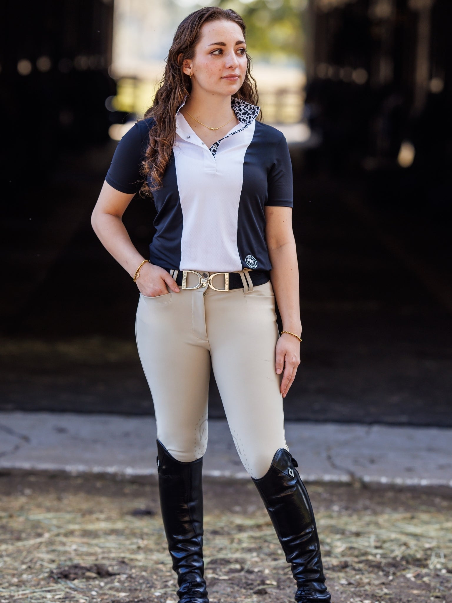 Essex Classics Ladies "Luna II" Black with Cows Short Sleeve Performance Show Shirt - Equiluxe Tack