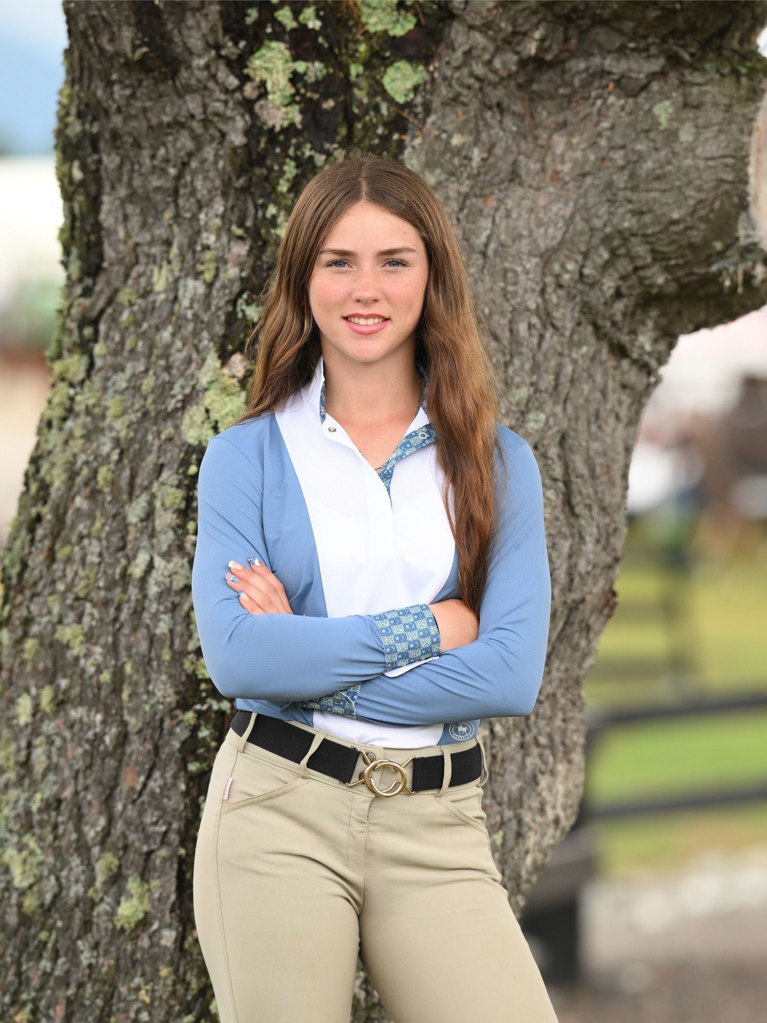 Essex Classics Ladies "Luna II" Blue Gallop Garden Long Sleeve Performance Show Shirt - Essex Classics - Equiluxe Tack
