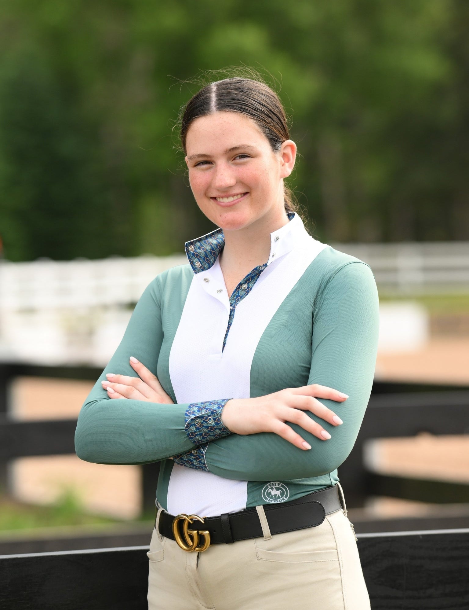 Essex Classics Ladies "Luna II" Forest Green with Golden Snaffle Long Sleeve Performance Show Shirt - Essex Classics - Equiluxe Tack