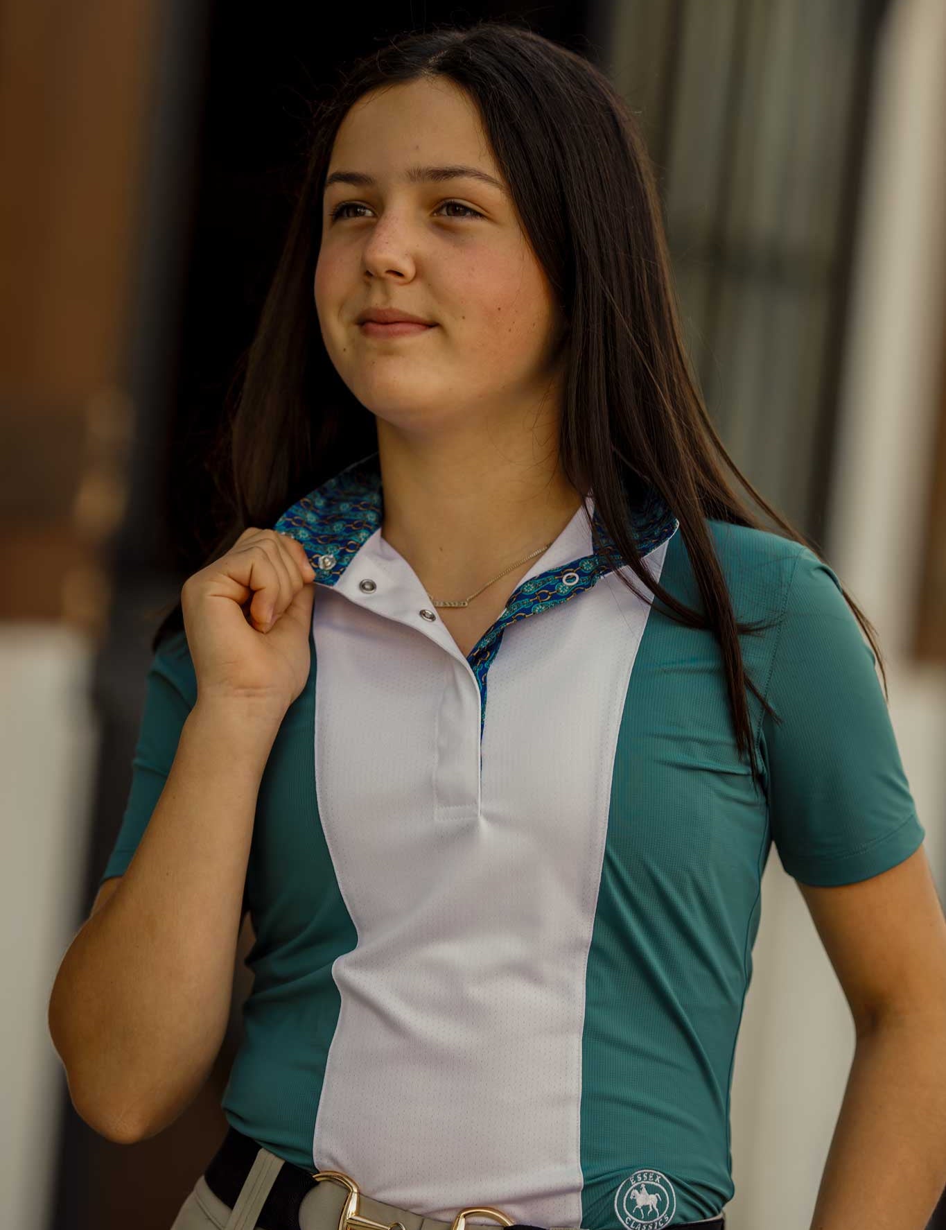 Essex Classics Ladies "Luna II" Forest Green with Golden Snaffle Short Sleeve Performance Show Shirt - Essex Classics - Equiluxe Tack