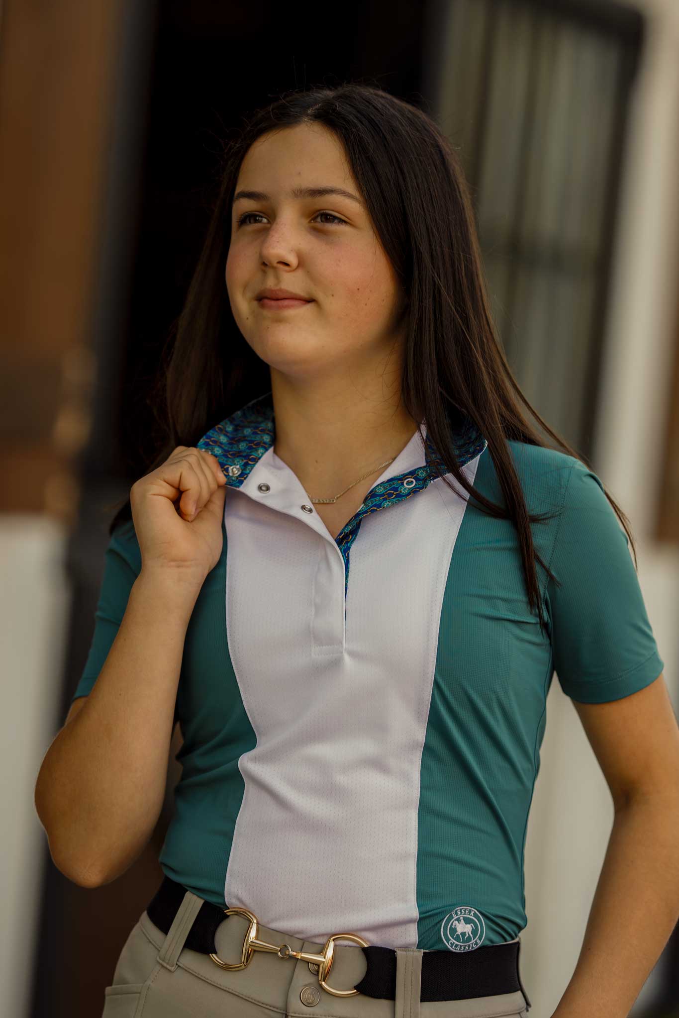 Essex Classics Ladies "Luna II" Forest Green with Golden Snaffle Short Sleeve Performance Show Shirt - Essex Classics - Equiluxe Tack