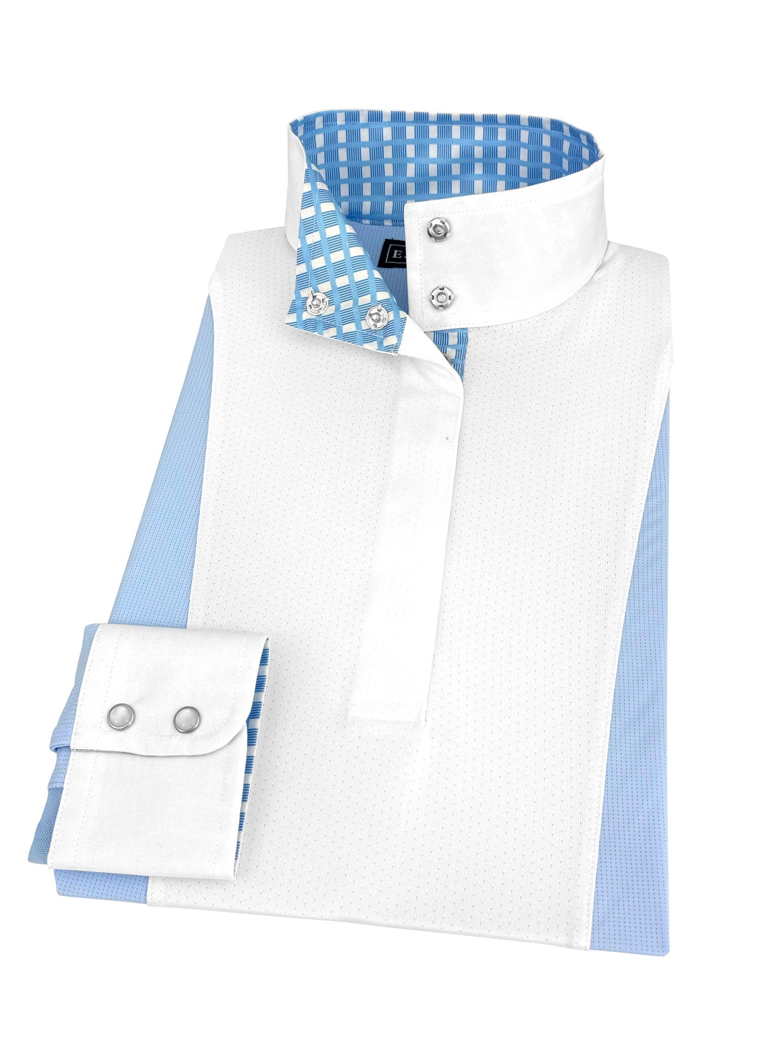 Essex Classics Ladies "Luna II" Light Blue Long Sleeve Performance Show Shirt with Blue Check Trim - Essex Classics - Equiluxe Tack