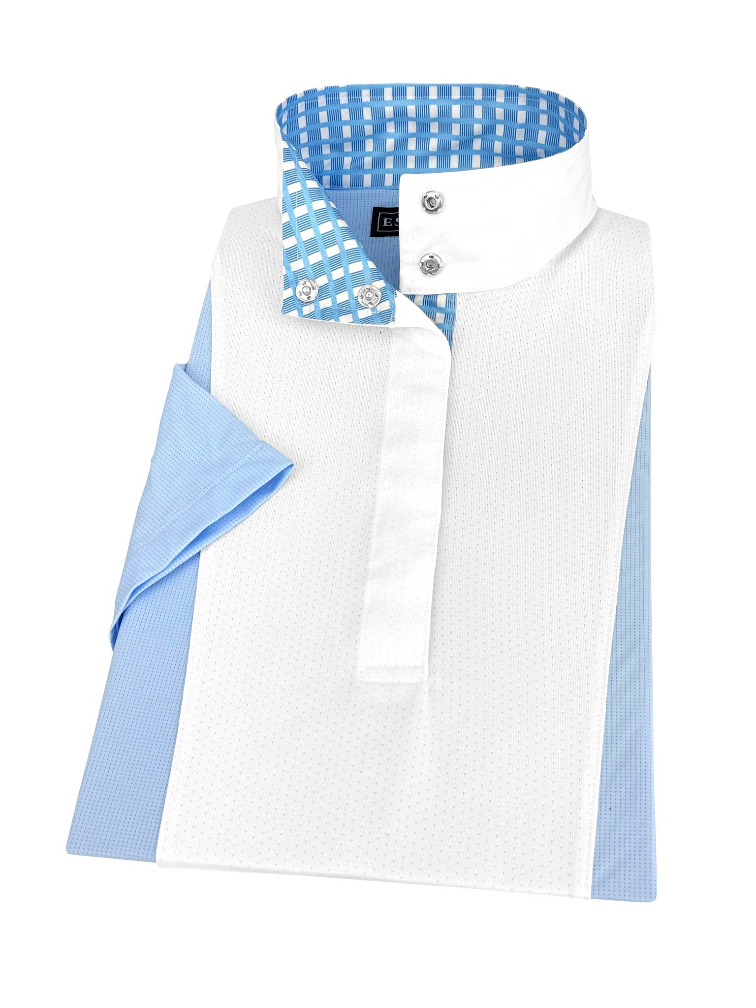 Essex Classics Ladies "Luna II" Light Blue Short Sleeve Performance Show Shirt with Blue Check Trim - Essex Classics - Equiluxe Tack