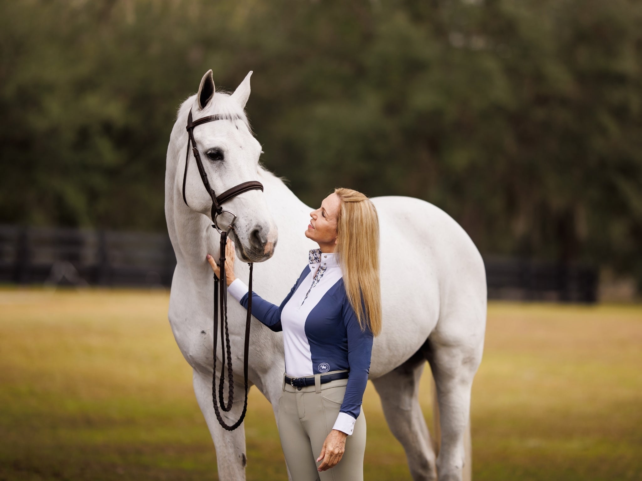 Essex Classics Ladies "Luna II" Marine Blue with Blue Ribbon Winner Long Sleeve Performance Show Shirt - Equiluxe Tack