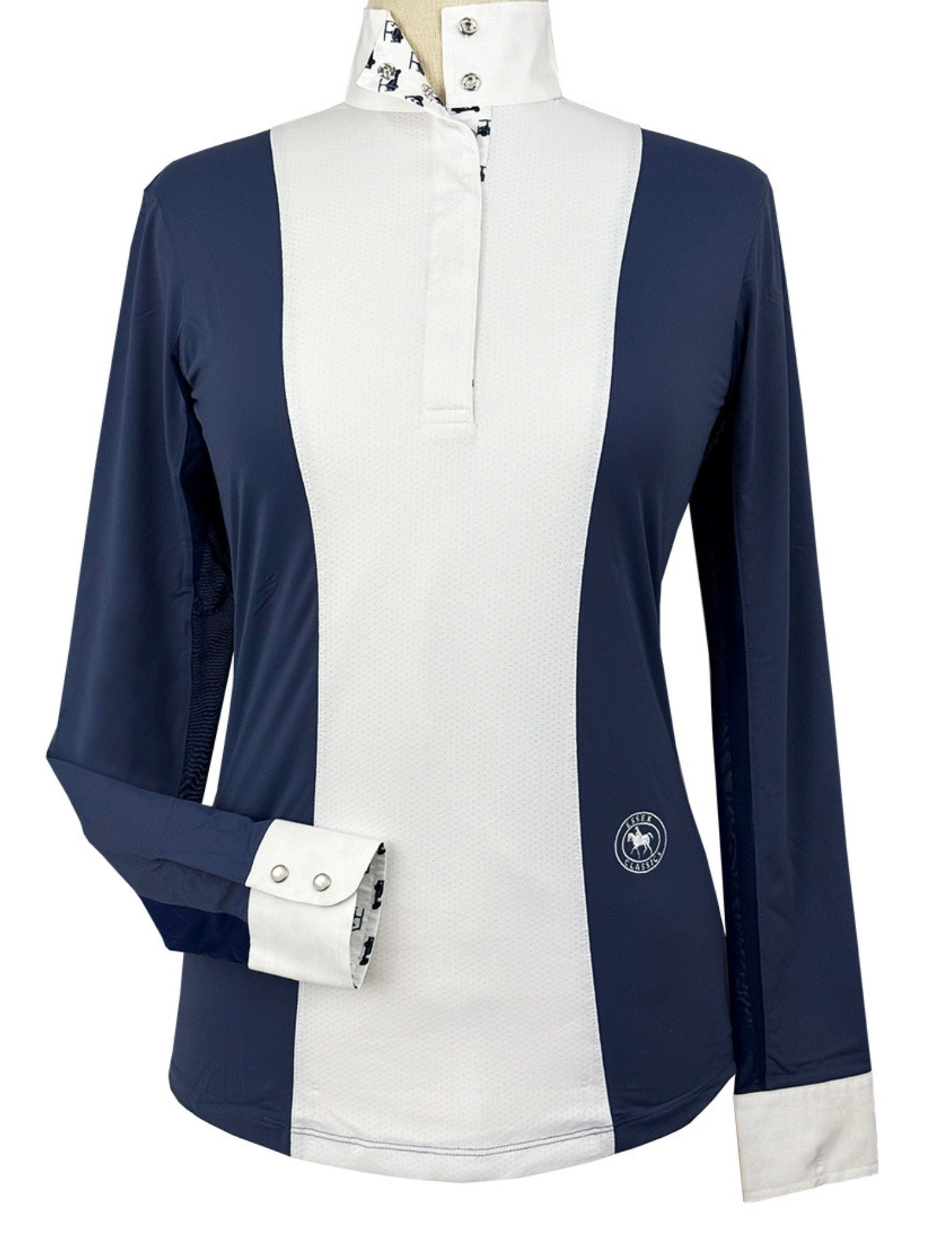 Essex Classics Ladies "Luna II" Marine Blue with Golf Carts Long Sleeve Performance Show Shirt - Equiluxe Tack