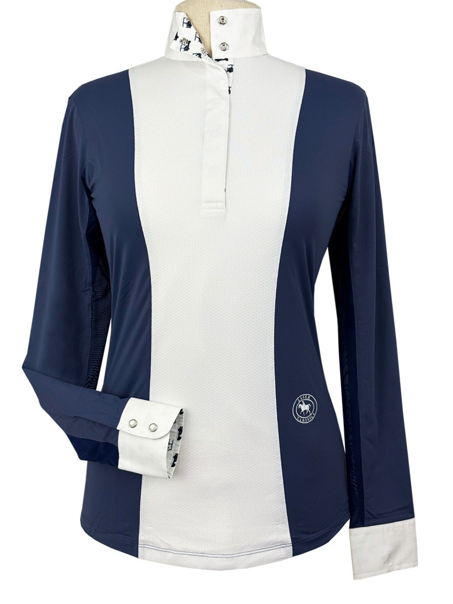 Essex Classics Ladies "Luna II" Marine Blue with Golf Carts Long Sleeve Performance Show Shirt - Equiluxe Tack