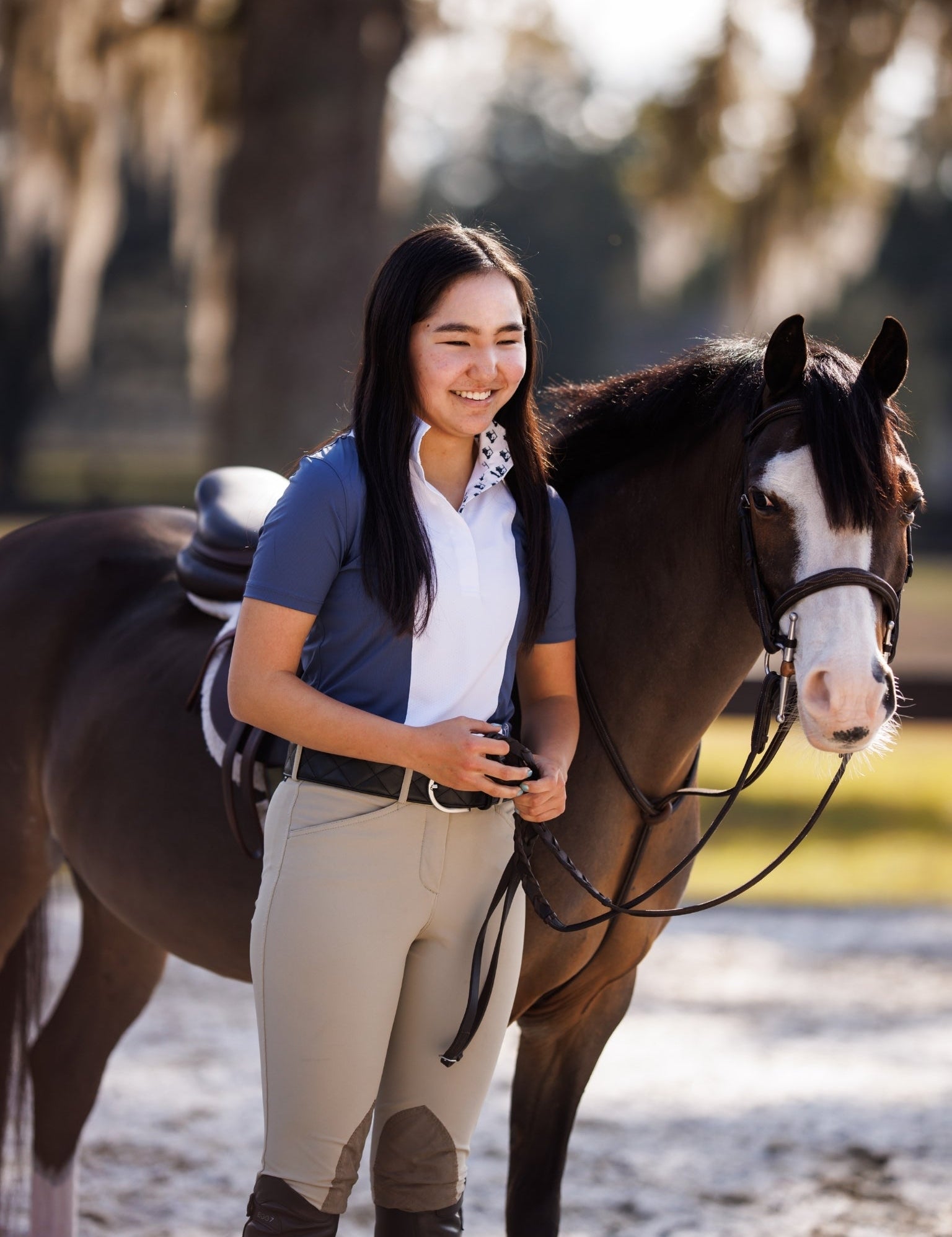 Essex Classics Ladies "Luna II" Marine Blue with Golf Carts Short Sleeve Performance Show Shirt - Equiluxe Tack